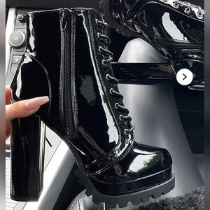 Fashion Nova Shiny Black Platform Heeled Boots